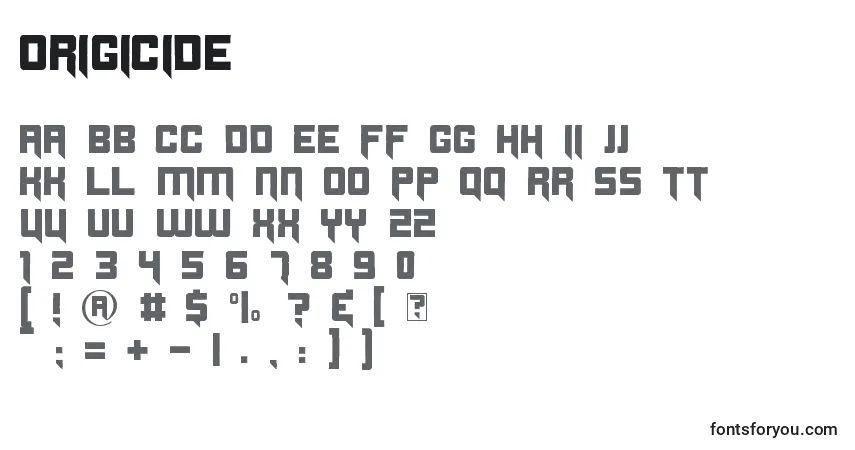 Schriftart Origicide – Alphabet, Zahlen, spezielle Symbole