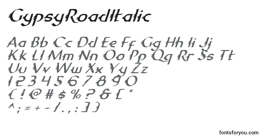 Czcionka GypsyRoadItalic – alfabet, cyfry, specjalne znaki