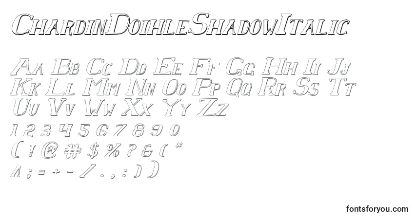 Czcionka ChardinDoihleShadowItalic – alfabet, cyfry, specjalne znaki