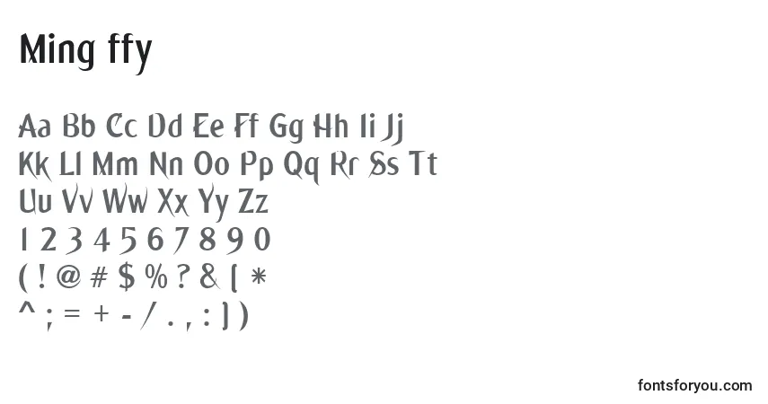 Czcionka Ming ffy – alfabet, cyfry, specjalne znaki