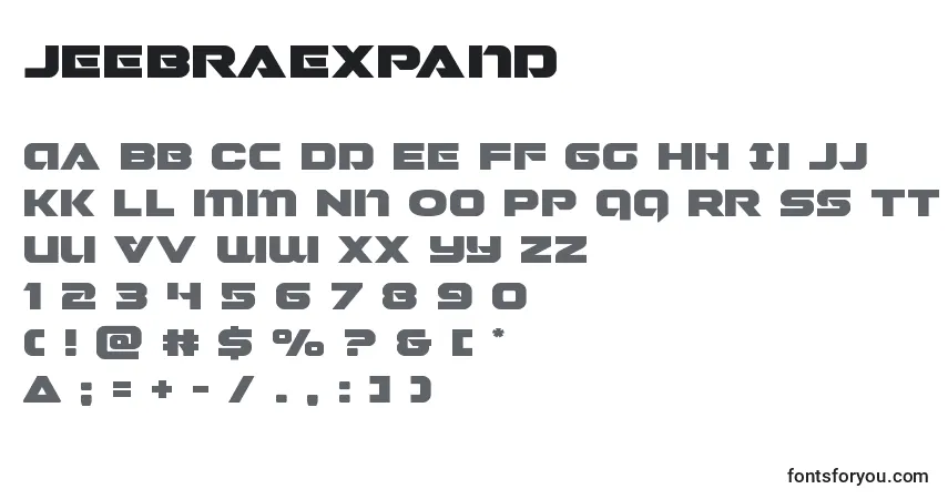 Czcionka Jeebraexpand – alfabet, cyfry, specjalne znaki