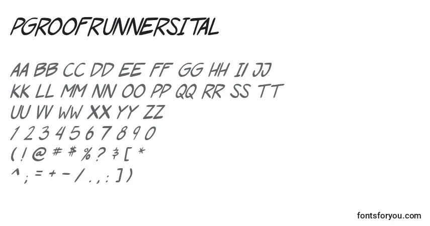 Шрифт PgRoofRunnersItal – алфавит, цифры, специальные символы