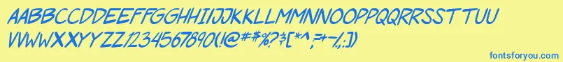 フォントPgRoofRunnersItal – 青い文字が黄色の背景にあります。