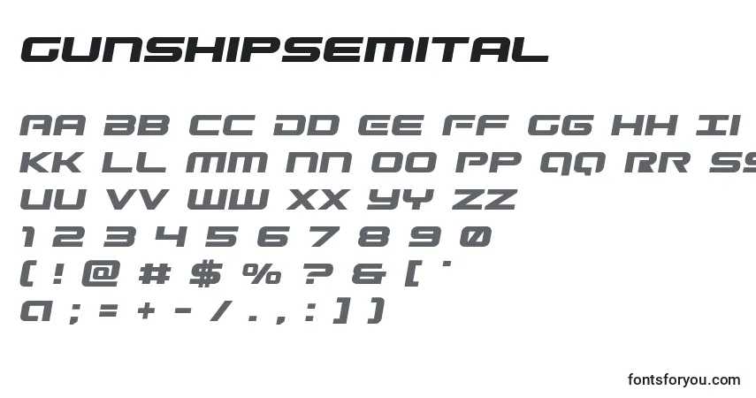 Schriftart Gunshipsemital – Alphabet, Zahlen, spezielle Symbole