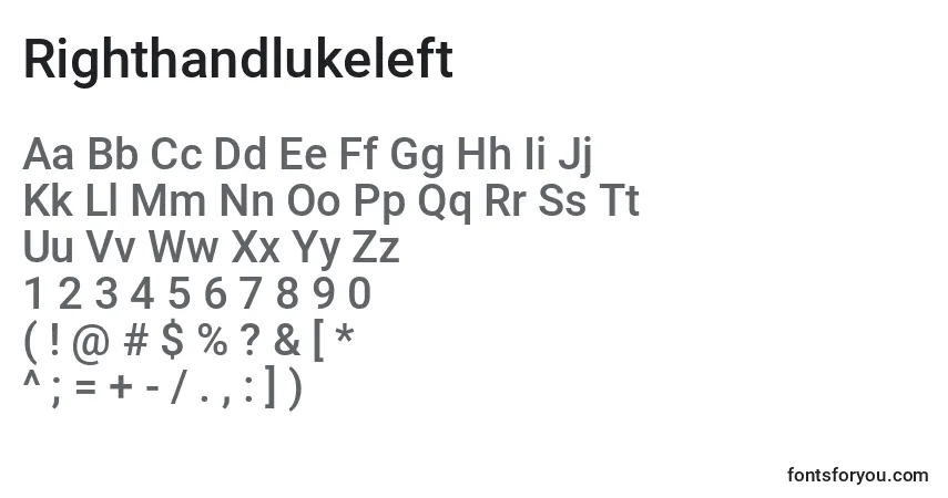 Czcionka Righthandlukeleft – alfabet, cyfry, specjalne znaki