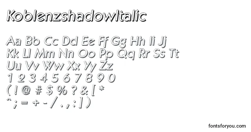 Schriftart KoblenzshadowItalic – Alphabet, Zahlen, spezielle Symbole