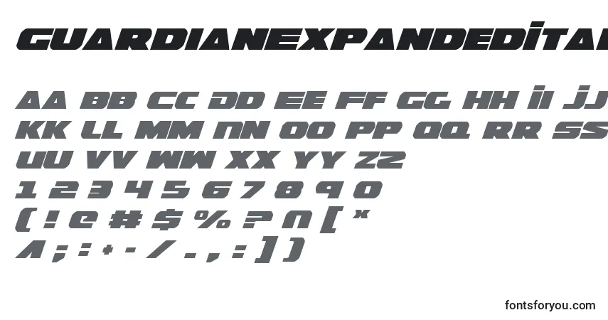 Schriftart GuardianExpandedItalic – Alphabet, Zahlen, spezielle Symbole