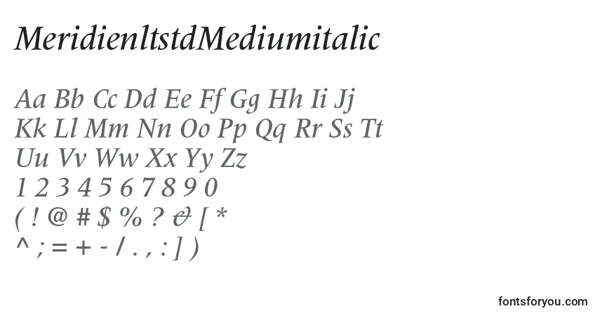 A fonte MeridienltstdMediumitalic – alfabeto, números, caracteres especiais