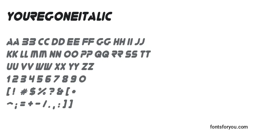 A fonte YoureGoneItalic – alfabeto, números, caracteres especiais