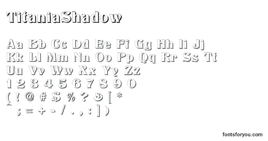 Schriftart TitaniaShadow – Alphabet, Zahlen, spezielle Symbole