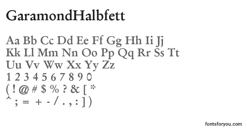 A fonte GaramondHalbfett – alfabeto, números, caracteres especiais
