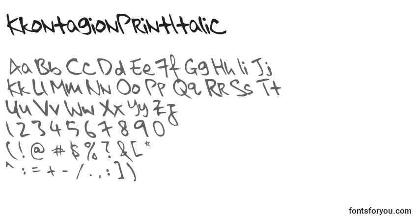 A fonte KkontagionPrintItalic – alfabeto, números, caracteres especiais