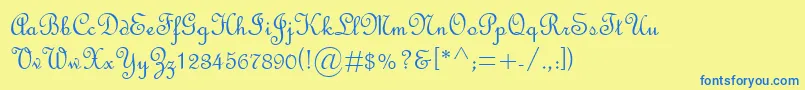 フォントFrenchScriptMt – 青い文字が黄色の背景にあります。