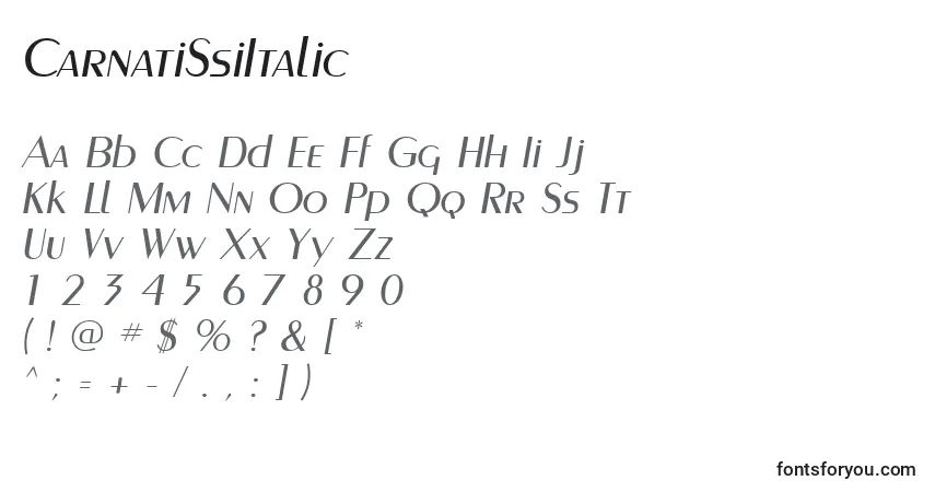 Czcionka CarnatiSsiItalic – alfabet, cyfry, specjalne znaki