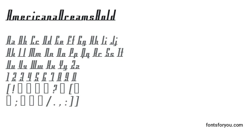 Czcionka AmericanaDreamsBold – alfabet, cyfry, specjalne znaki