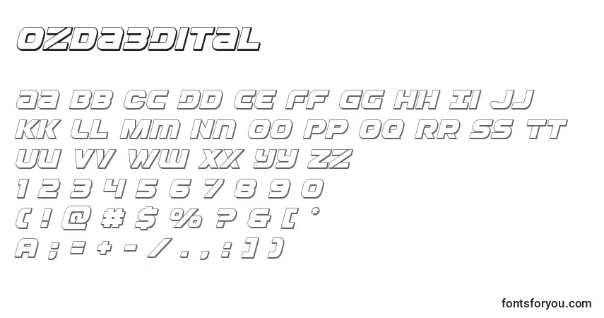 Czcionka Ozda3Dital – alfabet, cyfry, specjalne znaki
