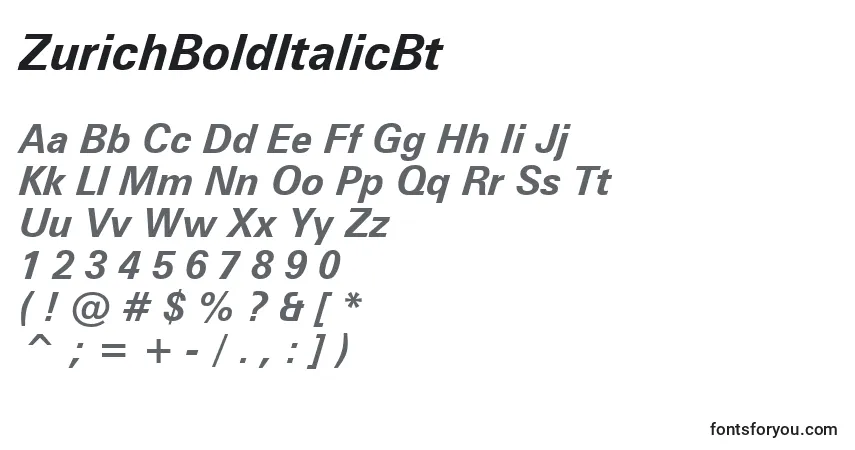 Czcionka ZurichBoldItalicBt – alfabet, cyfry, specjalne znaki