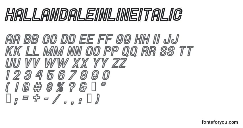 Schriftart Hallandaleinlineitalic – Alphabet, Zahlen, spezielle Symbole