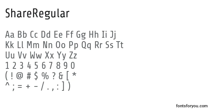 Czcionka ShareRegular – alfabet, cyfry, specjalne znaki