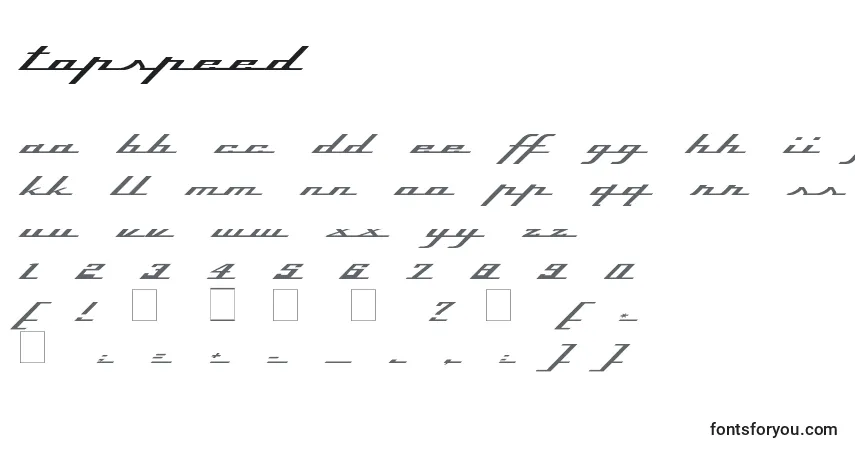 A fonte Topspeed – alfabeto, números, caracteres especiais