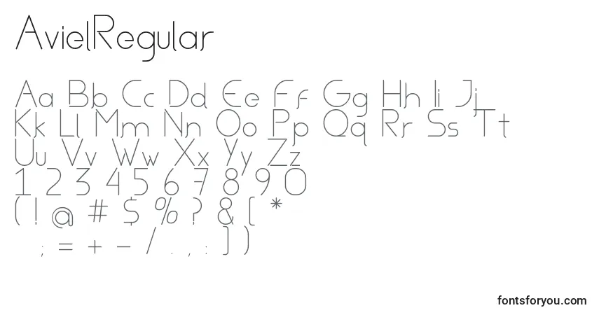A fonte AvielRegular – alfabeto, números, caracteres especiais