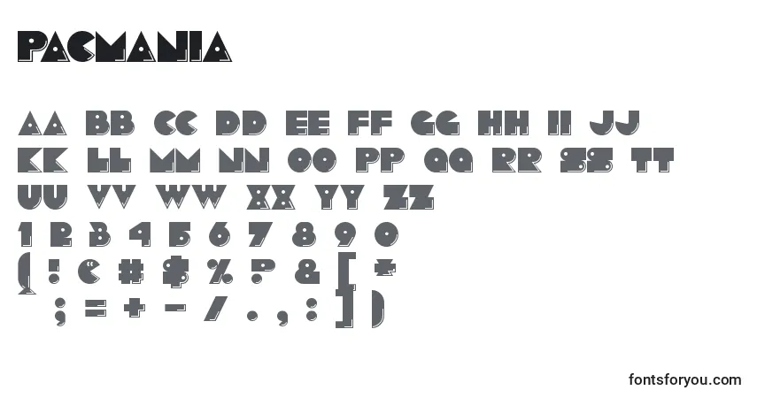 A fonte Pacmania – alfabeto, números, caracteres especiais
