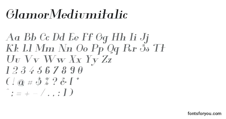 Шрифт GlamorMediumitalic – алфавит, цифры, специальные символы