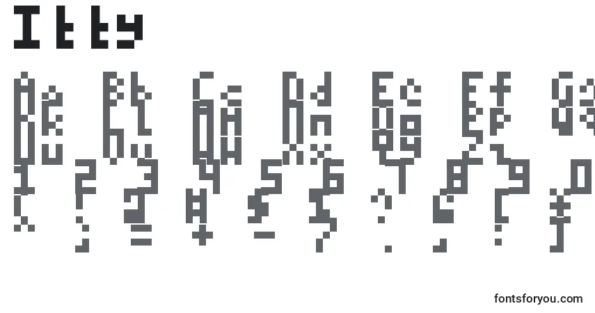 Czcionka Itty – alfabet, cyfry, specjalne znaki