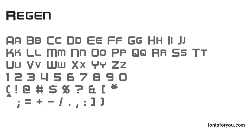 Czcionka Regen – alfabet, cyfry, specjalne znaki