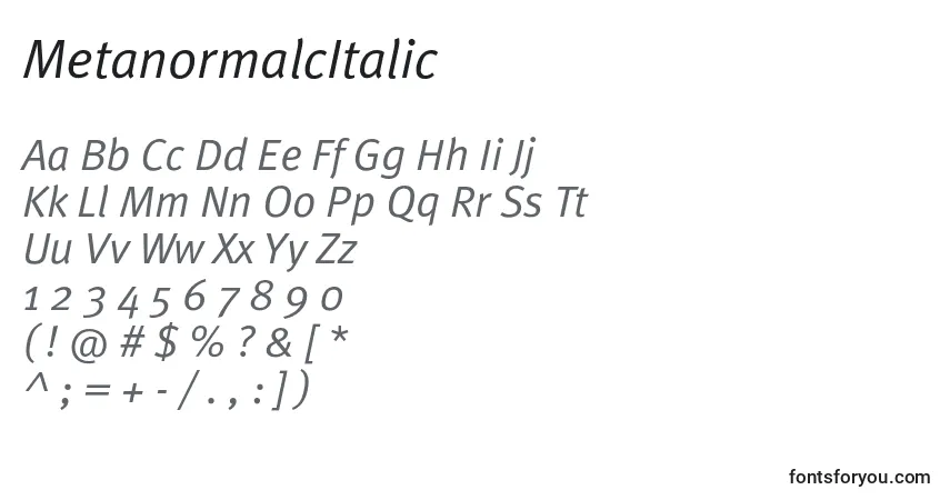 Czcionka MetanormalcItalic – alfabet, cyfry, specjalne znaki