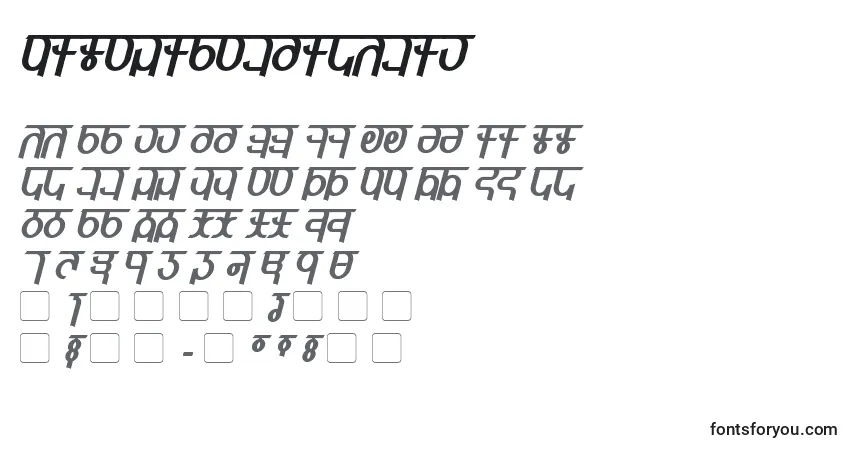 A fonte QijomiBoldItalic – alfabeto, números, caracteres especiais