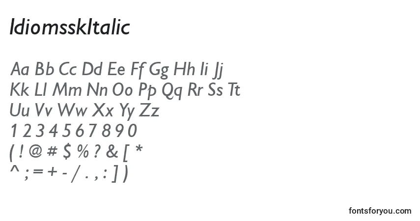 Czcionka IdiomsskItalic – alfabet, cyfry, specjalne znaki