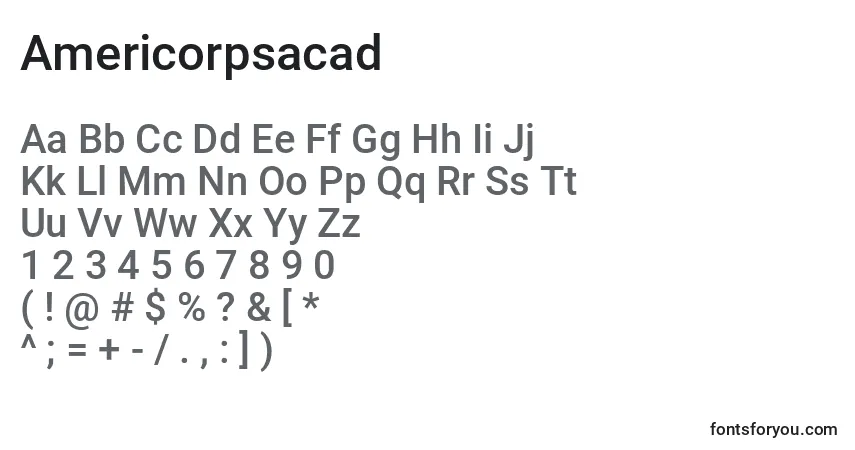 Schriftart Americorpsacad – Alphabet, Zahlen, spezielle Symbole