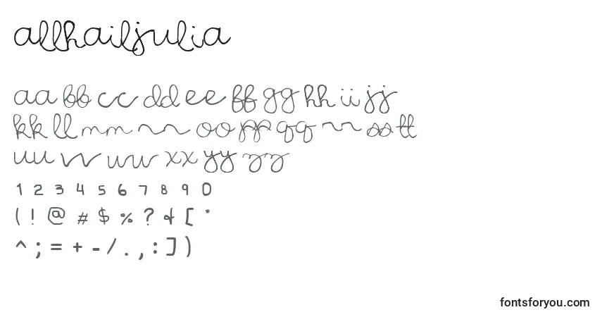 Czcionka AllHailJulia – alfabet, cyfry, specjalne znaki
