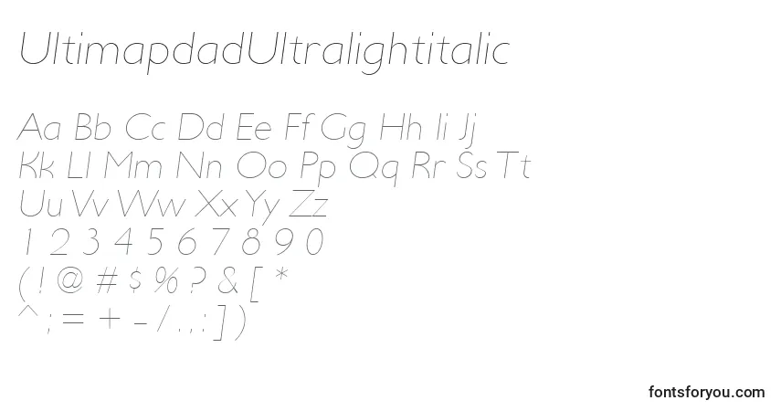 A fonte UltimapdadUltralightitalic – alfabeto, números, caracteres especiais
