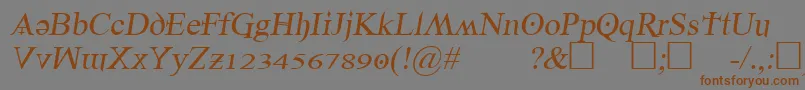 フォントDenial2regularitalics – 茶色の文字が灰色の背景にあります。
