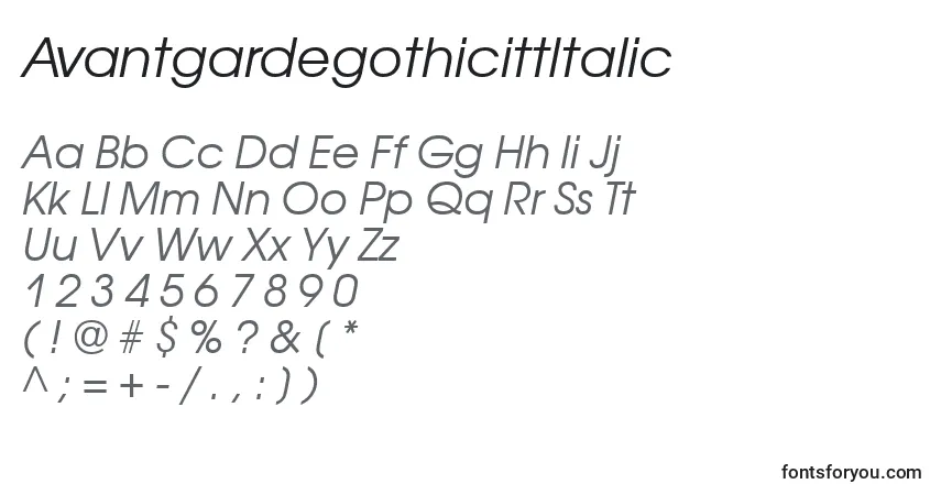 Schriftart AvantgardegothicittItalic – Alphabet, Zahlen, spezielle Symbole