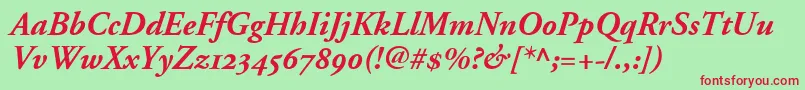AdobeGaramondBoldItalicOldstyleFigures-Schriftart – Rote Schriften auf grünem Hintergrund