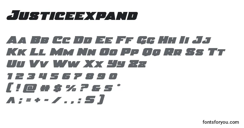Czcionka Justiceexpand – alfabet, cyfry, specjalne znaki