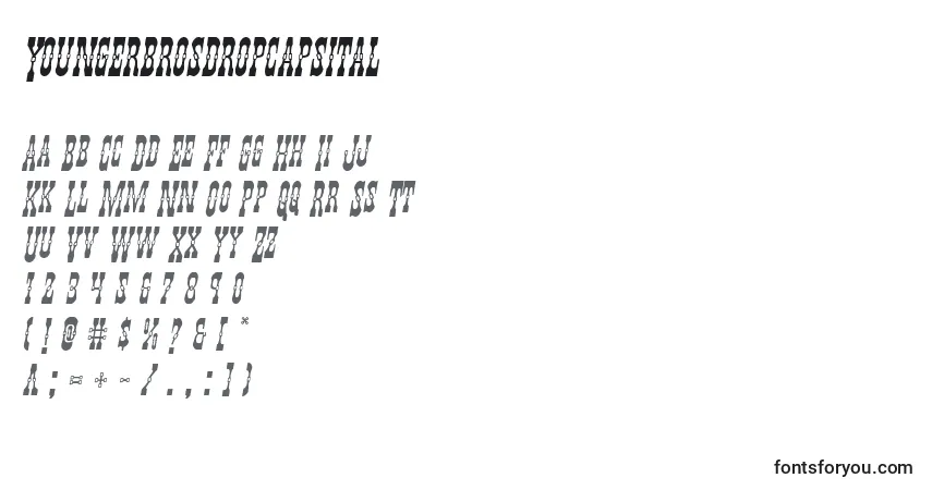 Шрифт Youngerbrosdropcapsital – алфавит, цифры, специальные символы