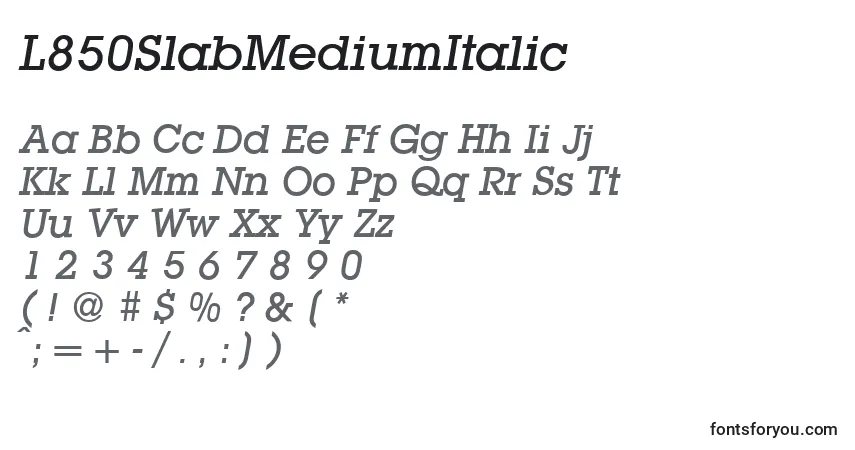 Czcionka L850SlabMediumItalic – alfabet, cyfry, specjalne znaki