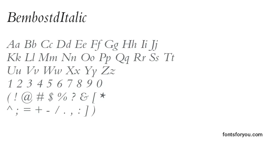 Czcionka BembostdItalic – alfabet, cyfry, specjalne znaki