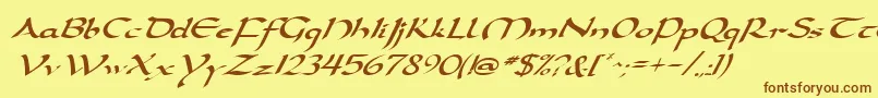 フォントDarwyckeItalic – 茶色の文字が黄色の背景にあります。