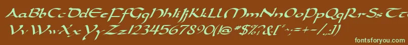 フォントDarwyckeItalic – 緑色の文字が茶色の背景にあります。