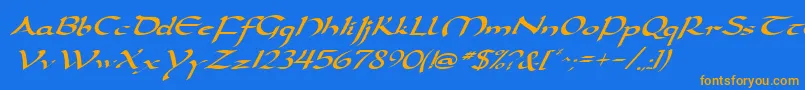 DarwyckeItalic-Schriftart – Orangefarbene Schriften auf blauem Hintergrund