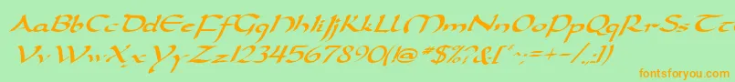 フォントDarwyckeItalic – オレンジの文字が緑の背景にあります。