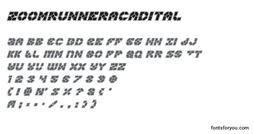 Zoomrunneracadital-fontti – aakkoset, numerot, erikoismerkit