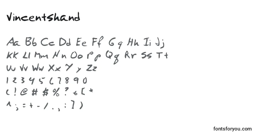 Czcionka Vincentshand – alfabet, cyfry, specjalne znaki