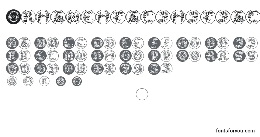 Ornamentalinitialbuttons-fontti – aakkoset, numerot, erikoismerkit