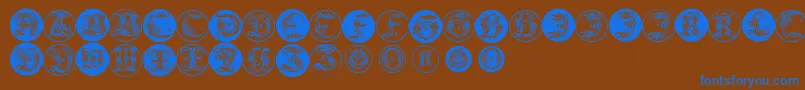 Ornamentalinitialbuttons-Schriftart – Blaue Schriften auf braunem Hintergrund